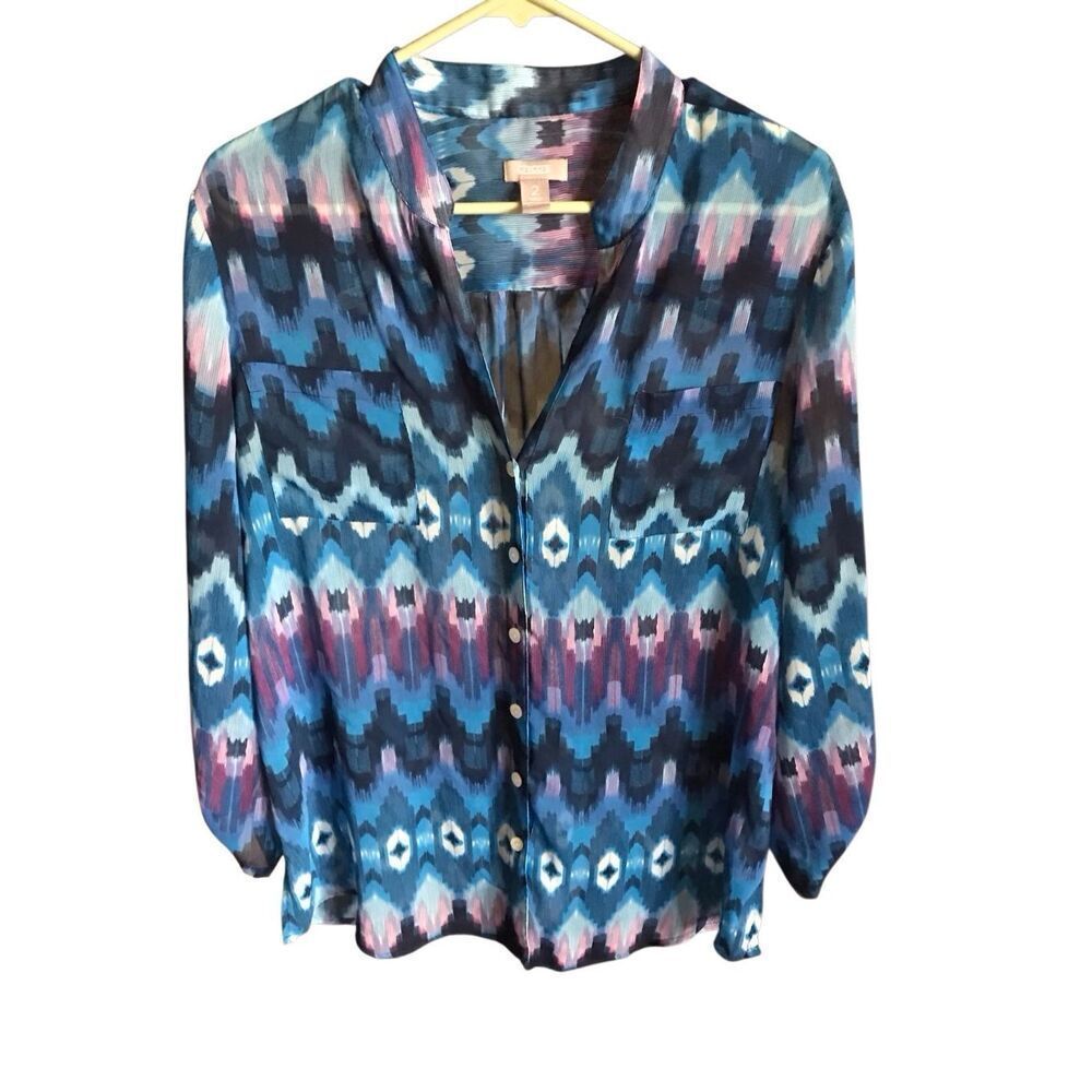Chicos size 2 = Large colorful blue button down blouse shirt semi sheer